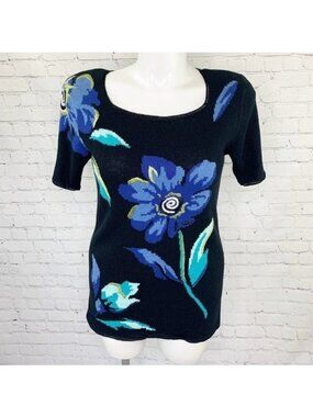 VINTAGE DELORES BELL SHORT SLEEVE FLORAL SWEATER - SMALL